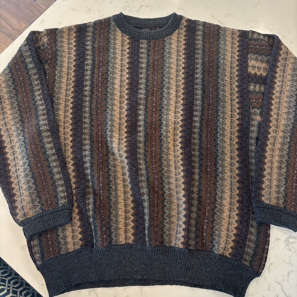 VTG Coogi Style 3D Knit Sweater Multicolor Brown Tan Wool Acrylic Grandpacore LG